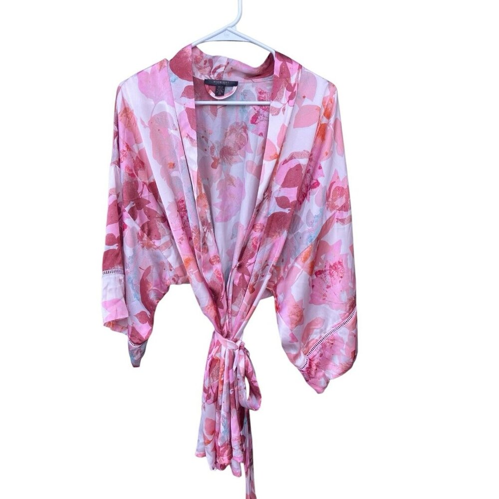 Women's Midnight Bakery Silky Pink Floral Satin Belted‎ Kimono Robe Size M/L